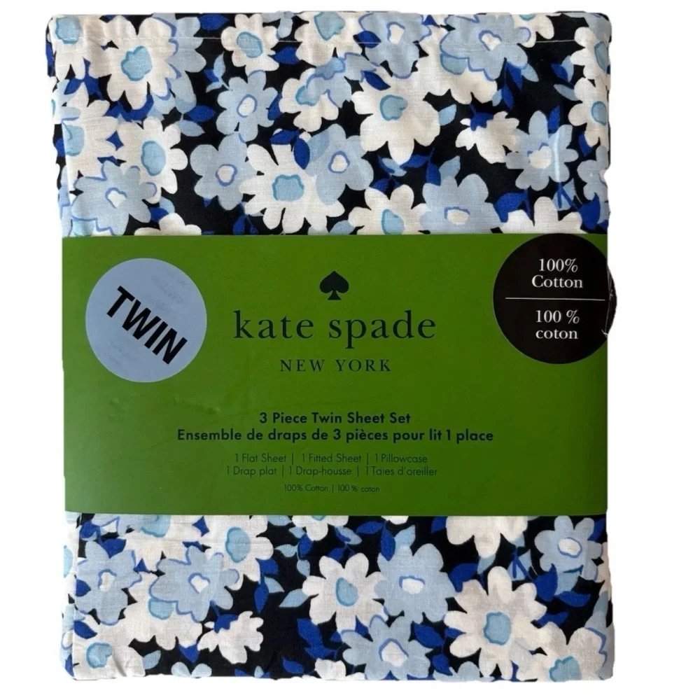 Kate Spade Twin Size Sheet set 3 Piece Vintage Garden Blue Floral NWOT